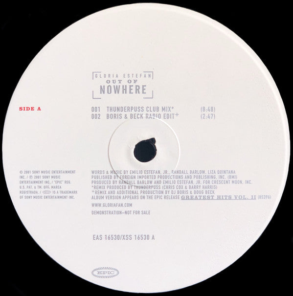 Gloria Estefan : Out Of Nowhere (12", Single, Promo)