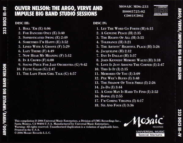 Oliver Nelson : The Argo, Verve And Impulse Big Band Studio Sessions (6xCD, Comp, Ltd, RM + Box, Ltd, Num)