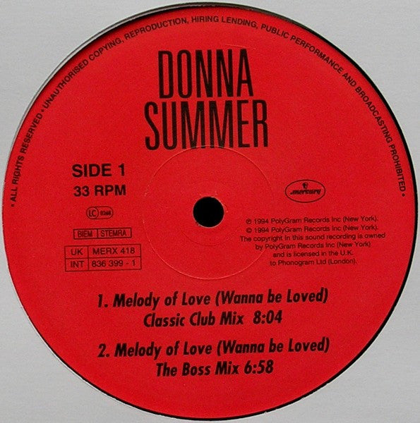 Donna Summer : Melody Of Love (Wanna Be Loved) (12", Single)