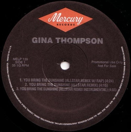 Gina Thompson : You Bring The Sunshine (12", Promo)