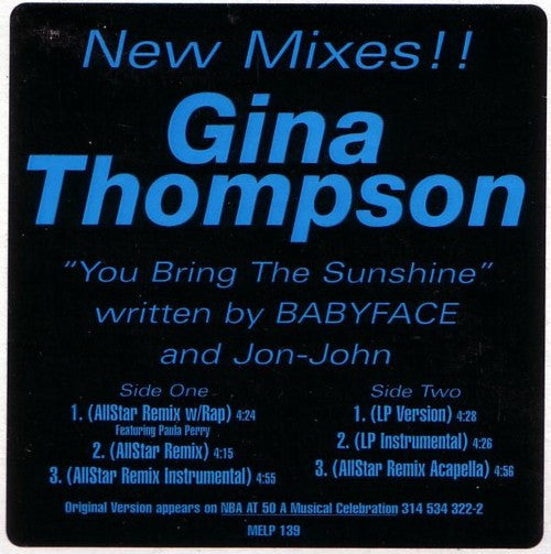 Gina Thompson : You Bring The Sunshine (12", Promo)
