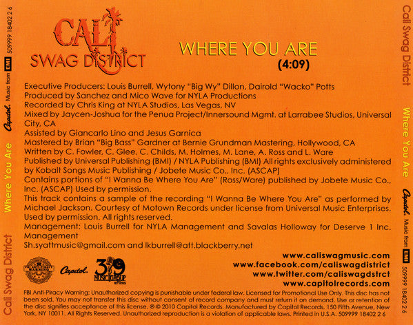 Cali Swag District : Where You Are (CD, Single, Promo)