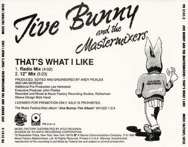 Jive Bunny And The Mastermixers : That's What I Like (CD, Single, Promo)