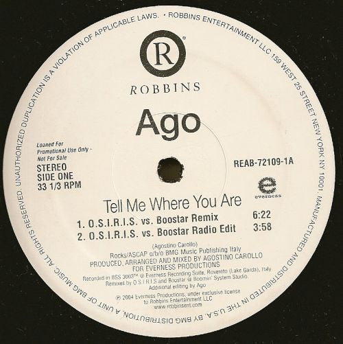 Ago : Tell Me Where You Are (12", Promo)
