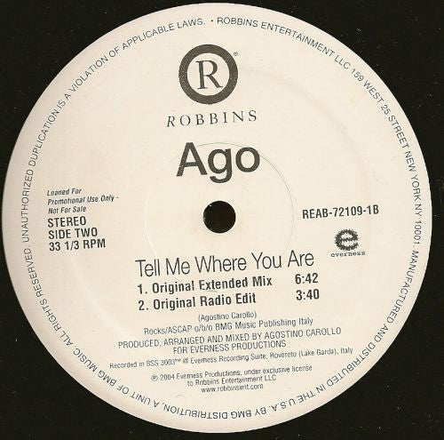 Ago : Tell Me Where You Are (12", Promo)