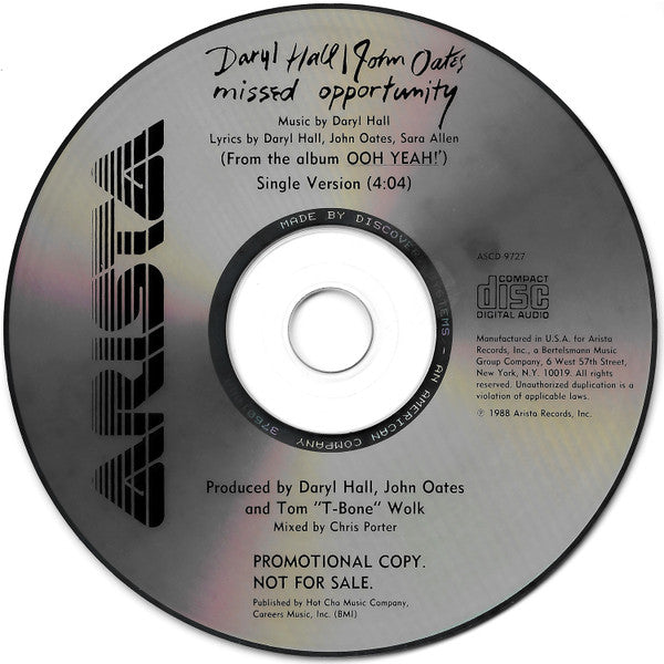 Daryl Hall & John Oates : Missed Opportunity (CD, Single, Promo)