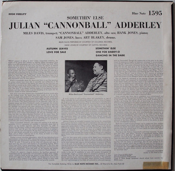 Cannonball Adderley, Miles Davis, Hank Jones, Sam Jones, Art Blakey : Somethin' Else (LP, Album)