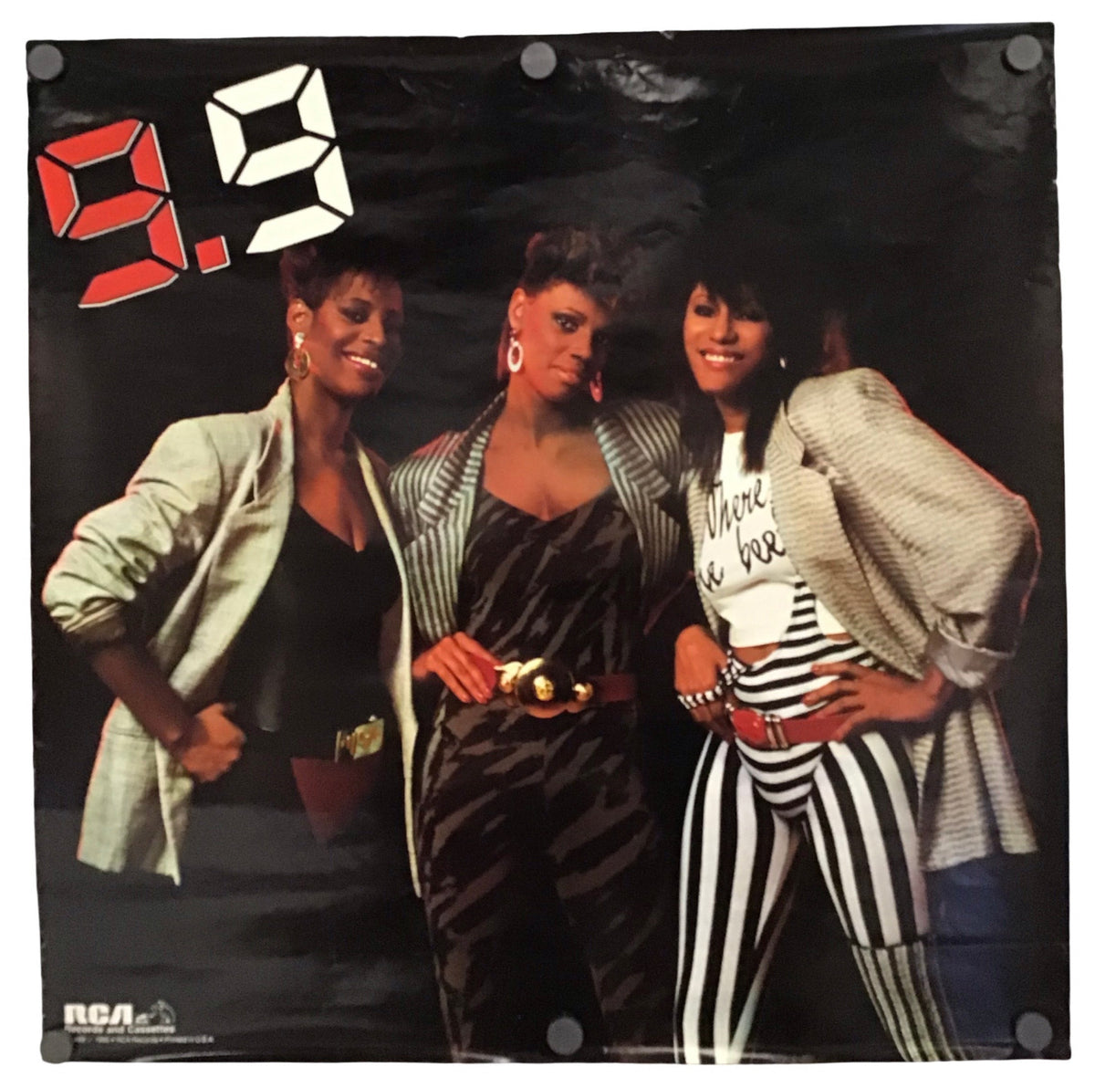 A vintage 90s music poster for RCA's '9.9' featuring three women posing in stylish outfits against a dark background, with the show's title in large red and white text.