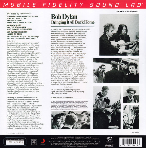 Bob Dylan : Bringing It All Back Home (2x12", Album, Mono, Ltd, Num, RE, RM, 180)