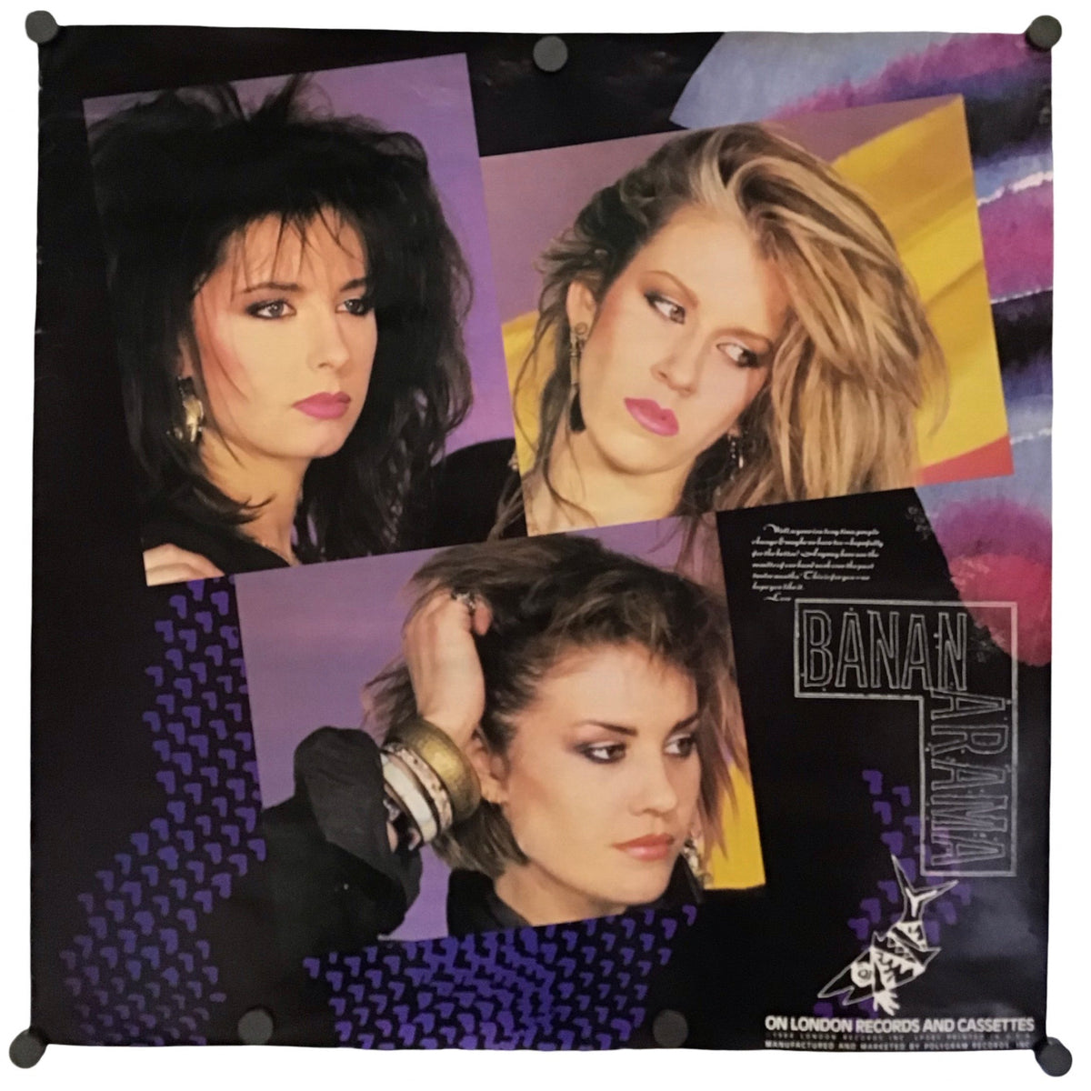 A square wall tapestry featuring a collage of three women from the Banarama Tour 1980 album, with purple, black, and yellow graphic accents.