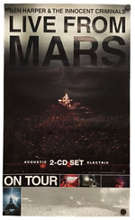 Ben Harper & The Innocent Criminals 'Live From Mars' acoustic 2-CD set electric poster, featuring a dark concert scene with a spotlight on a crowd, on a white background.