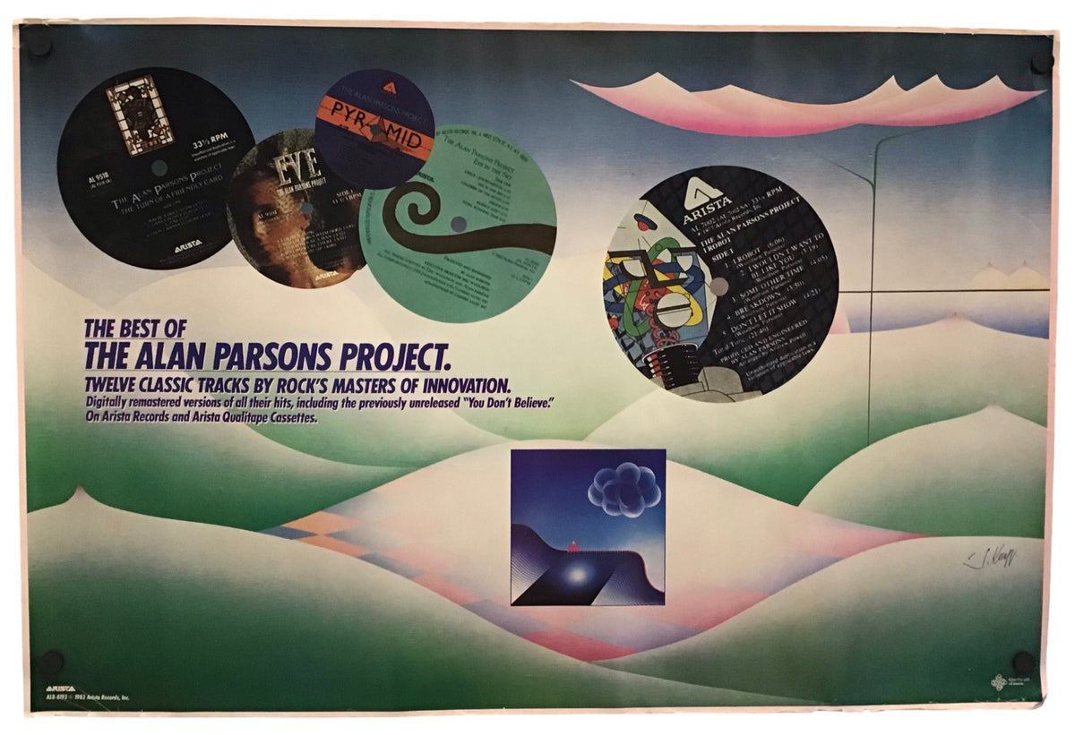 A vintage Alan Parsons Project poster or print featuring stylized landscape waves in green, pink, and cream, with circular album-art inserts and text reading 'The Best of The Alan Parsons Project.'.