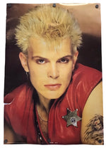 A vertical rectangular poster or print featuring a close-up portrait of a person with spiky blond hair, wearing a red sleeveless top and a silver star-shaped pin, shown against a plain white background.