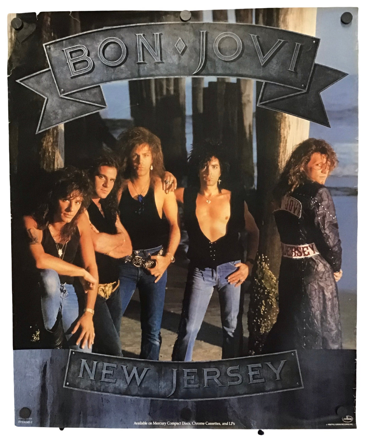 A vintage-style Bon Jovi poster featuring the band members standing outdoors near a pier or dock, with large 'BON JOVI' lettering at the top and 'NEW JERSEY' at the bottom. The poster is photographed hanging against a plain light background.
