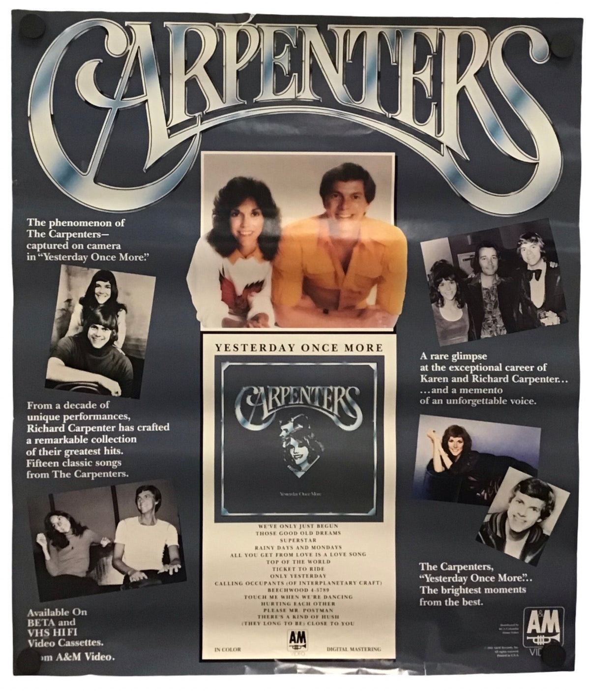 A vintage Carpenters music poster displayed flat against a white background. The poster features the band's name in large metallic-style lettering at the top, several black-and-white and color photos of the band members, and a central album cover insert for 'Carpenters' with text reading 'Saturday Night Moves'.