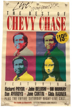 A vintage-style concert poster for Chevy Chase's 'Live in San Francisco' tour, featuring colorful pop-art portraits of Chevy Chase and other performers on a cream background with bold red and black text.