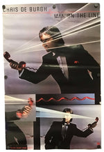 A Chris De Burgh 'Man on the Line' music poster featuring a collage of the artist in a black suit holding a phone, with graphic red waveform lines and text on a gray background.