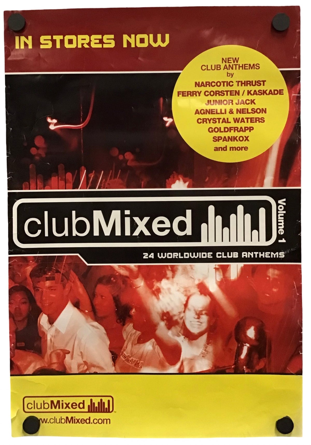 A poster for 'clubMixed Volume 1: 24 Worldwide Club Anthems' on a plain white background. The sleeve features a red and yellow design with club scenes and text listing various music genres.