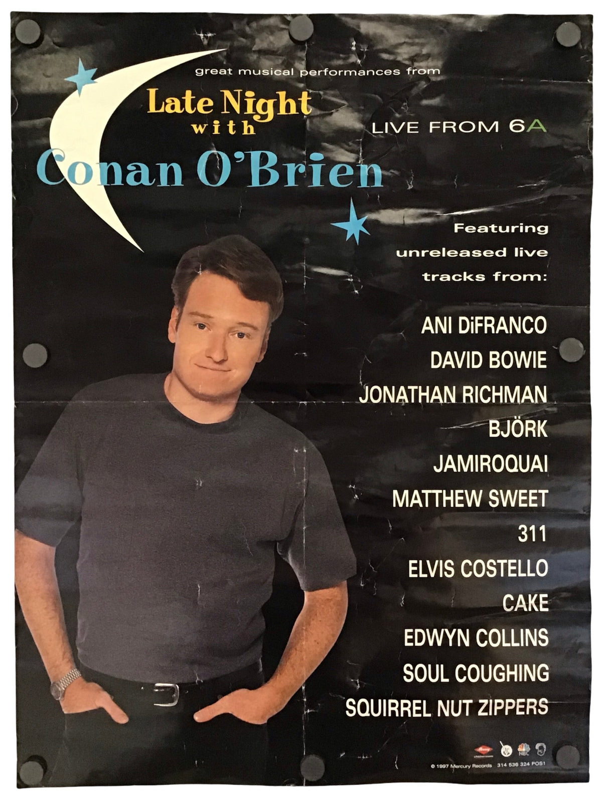 A concert poster for Conan O'Brien's 'Late Night with Conan O'Brien' live show from 6A, featuring a photo of Conan O'Brien and a list of featured musical artists on a black background.
