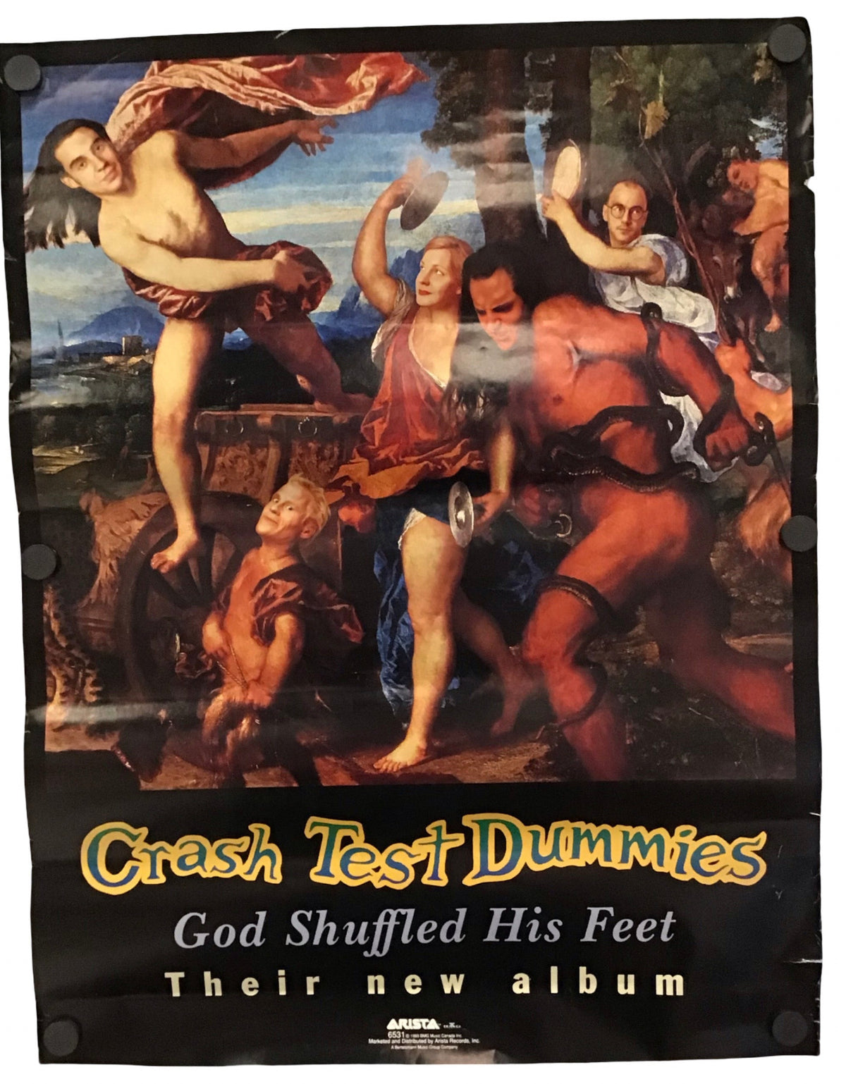 A vintage-style poster or album cover featuring a classical painting with multiple figures and the text 'Crash Test Dummies', 'God Shuffled His Feet', and 'Their new album' on a black background.