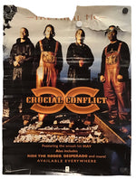 A vintage band poster for Crucial Conflict, featuring the band members in overalls against a dark background with the band's name in large orange letters. The poster has a torn, distressed look at the top and is shown against a plain white background.