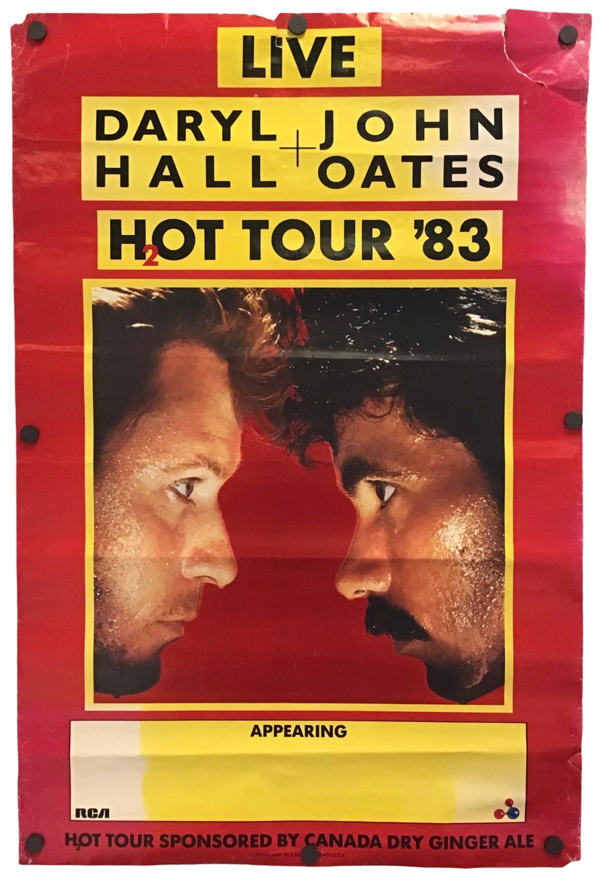 A vintage concert poster for Daryl John Hall Oates 'Hot Tour '83' featuring a red background, yellow text blocks, and a central portrait photo of the performer, shown against a plain white background.