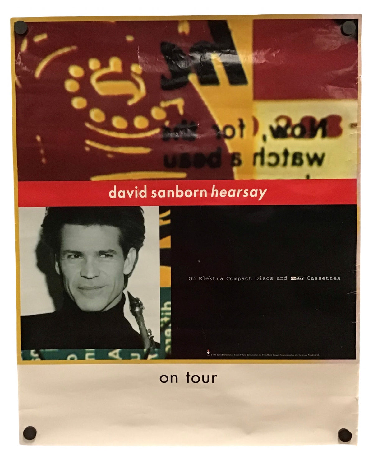 A vintage concert poster for David Sanborn 'Hearsay' on tour, featuring a collage design with red, yellow, black, and white sections, a portrait photo, and text including 'david sanborn hearsay' and 'on tour'.