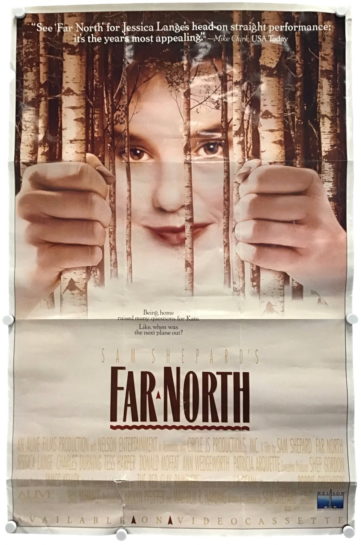A vintage movie poster for the film 'Far North' featuring a woman's face behind birch tree trunks, with the title 'FAR-NORTH' in large dark letters on a beige lower section.