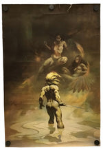 A vertical art print or poster showing a dramatic fantasy scene with a small armored figure in the foreground and two winged figures in the background, mounted with visible binder clips at the corners against a plain white wall.