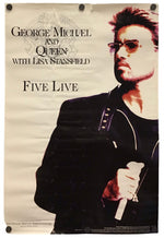 A vintage concert poster for George Michael and Queen with Lisa Stansfield's 'Five Live' performance, featuring a portrait of George Michael on a cream-colored background.