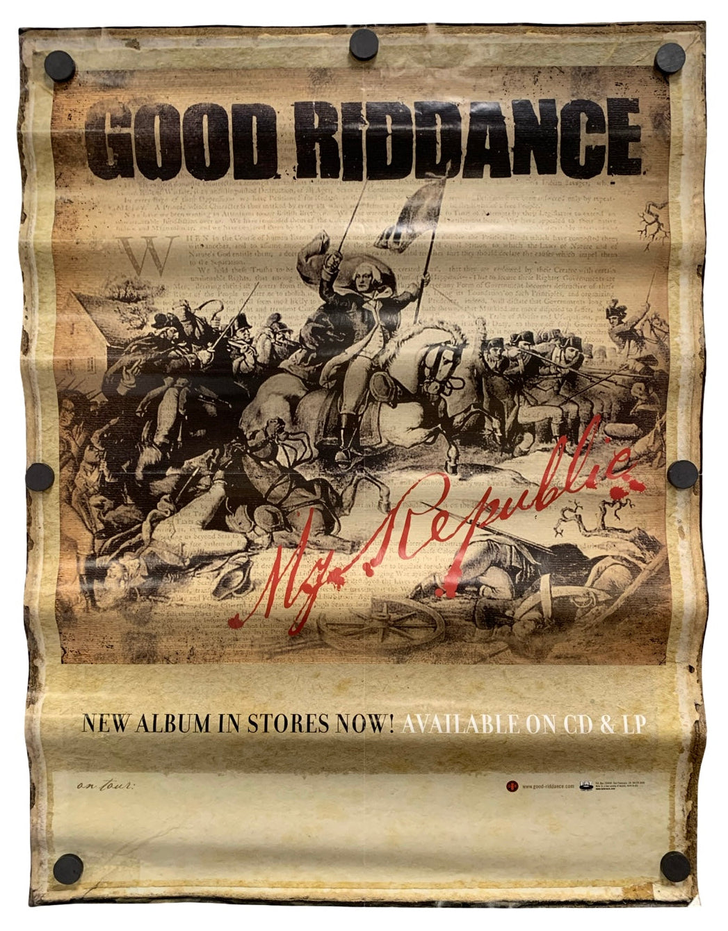 A vintage-style poster print for the band Good Riddance, featuring a sepia-toned historical battle illustration with the band's name in bold black letters at the top and red handwritten text reading 'My Republi.