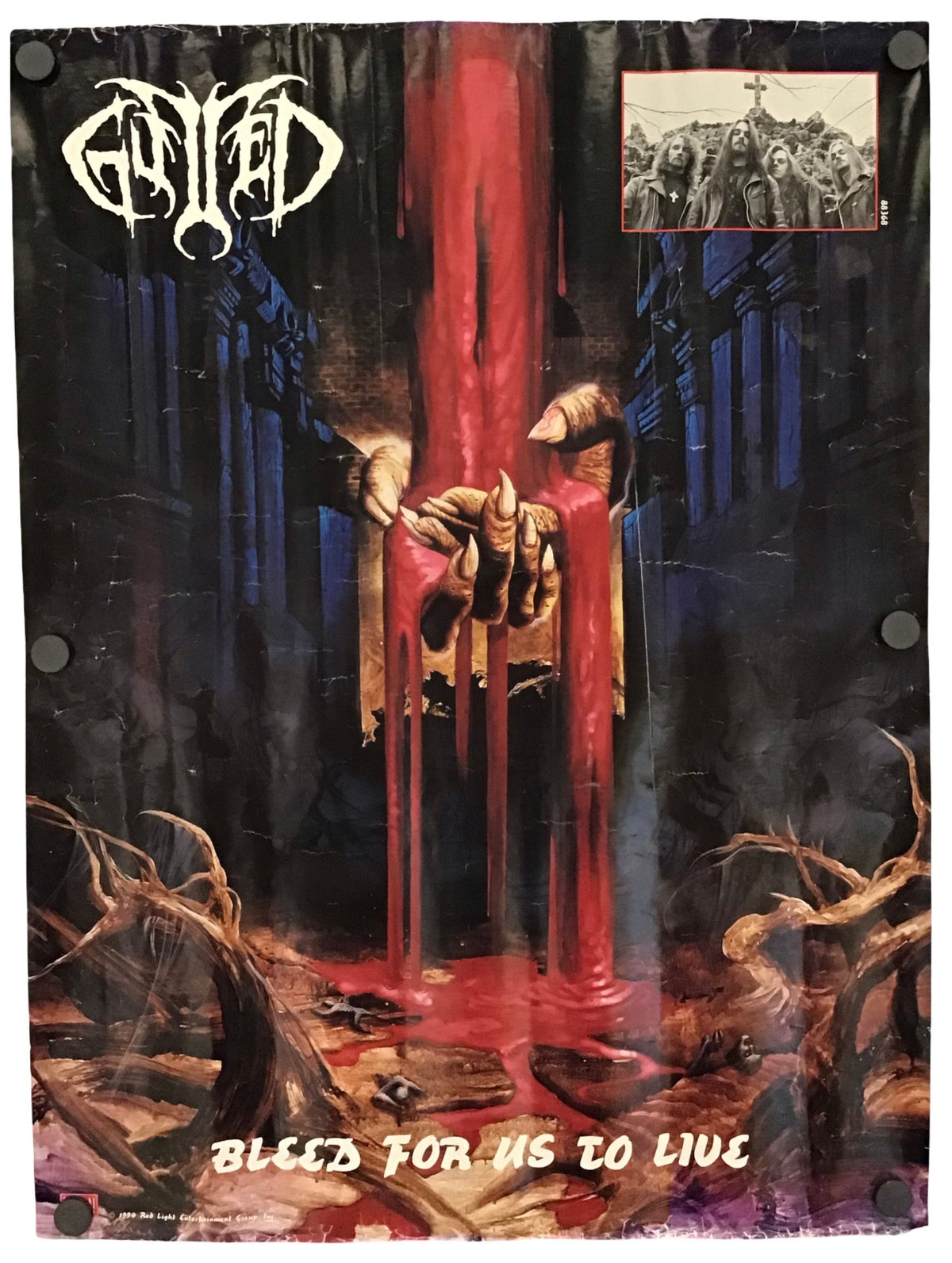 A metal band poster for the band 'Gutted' featuring artwork from their album 'Bleed For Us To Live'. The poster displays the band's logo in the top left, a central graphic of a hand reaching up through red blood dripping from the ceiling, and a small inset photo in the top right.