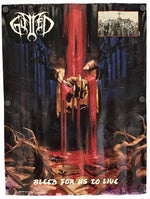 A metal band poster for the band 'Gutted' featuring artwork from their album 'Bleed For Us To Live'. The poster displays the band's logo in the top left, a central graphic of a hand reaching up through red blood dripping from the ceiling, and a small inset photo in the top right.