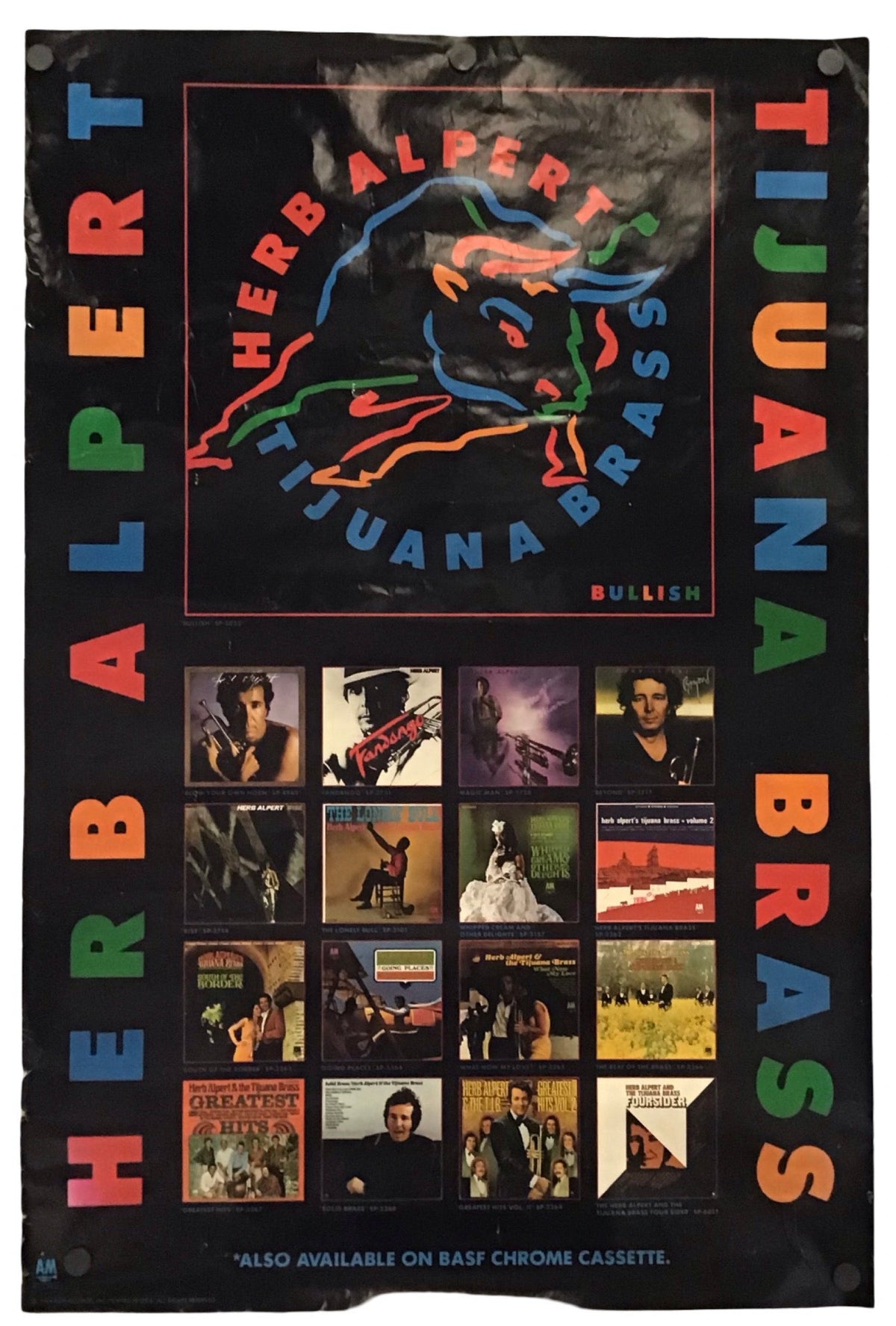 A vintage Herb Alpert & The Juana Rossa 'Tijuana Brass' poster on a white background. The poster features a black background with colorful vertical text reading 'HERB ALPERT' and 'TIJUANA BRASS' in red, orange, yellow, green, and blue.