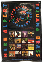 A vintage Herb Alpert & The Tijuana Brass promotional poster or album collage print, featuring a black background with large multicolored text, a central neon-style band logo, and a grid of album covers.