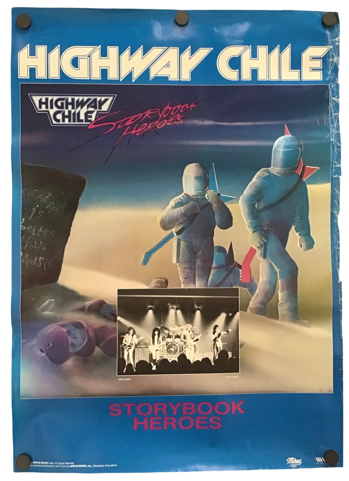 A retro-style poster for the band Highway Chile's album 'Storybook Heroes', featuring a blue border, stylized figures in space, and a small inset photo of the band performing live.
