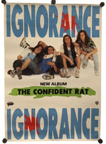 A vertical poster print for the band Ignorance's album 'The Confident Rat', featuring a group photo of the band members in the center, with the band's name in large blue letters at the top and bottom on a cream background.