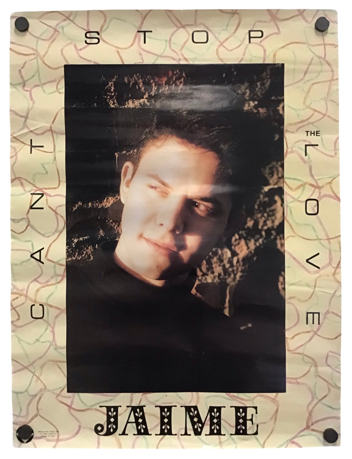 A custom canvas print featuring a portrait of a man in a dark shirt, framed by a beige map-patterned border with the text 'STOP', 'THE', 'TAKE', 'WAY', and 'JAIME' printed in black.