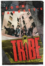 A vintage-style poster or print featuring the text 'JOHN JARRETT'S TRIBE' in large distressed red lettering, with a photo of four people leaning out of a building and a yellow tribal symbol above the title. The poster is shown against a plain white background.