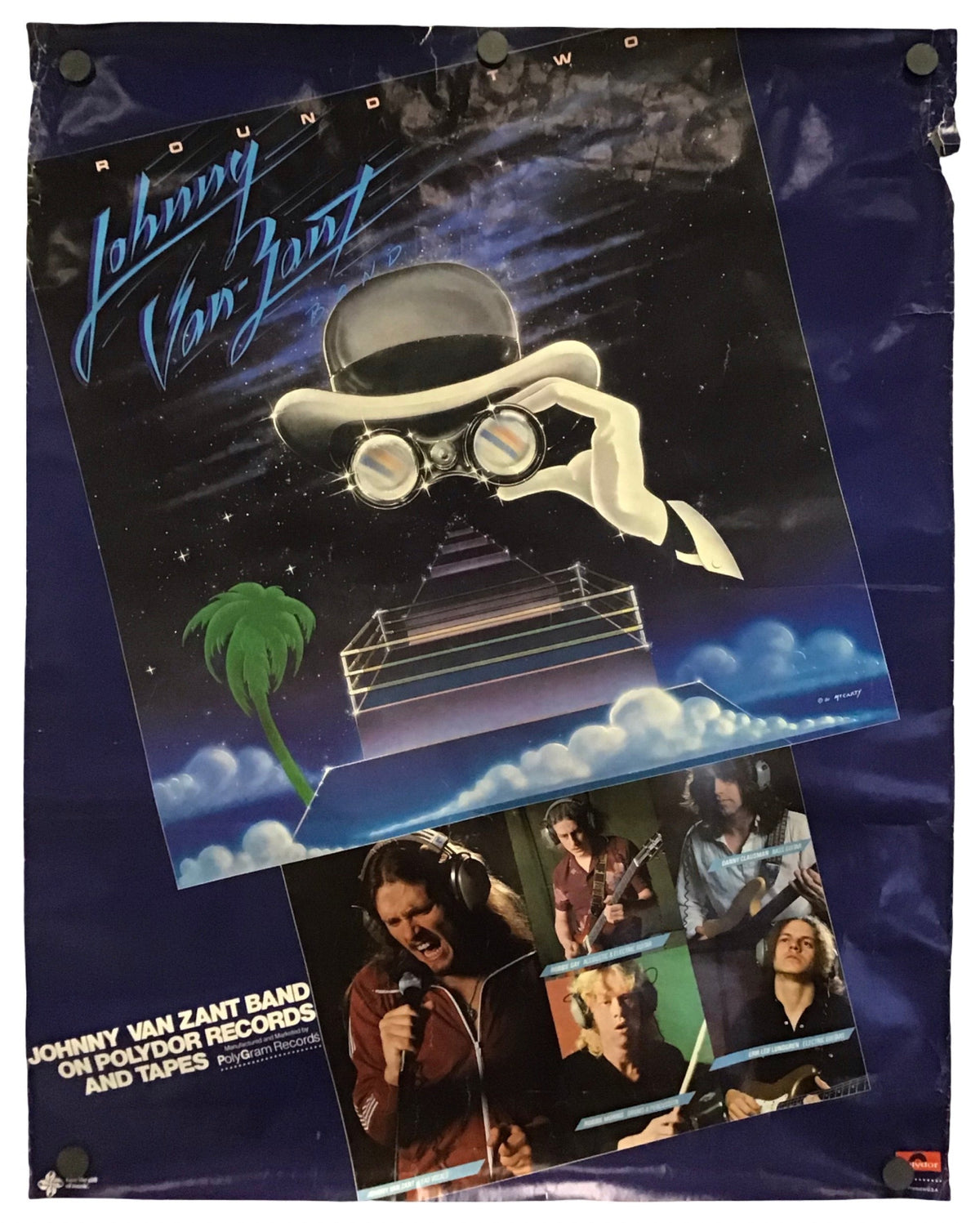 A vinyl poster for the Johnny Van Zant Band 'On Politics Records and Tapes' featuring a surreal graphic of a figure in a white suit and helmet under a starry night sky, with a small palm tree and a collage of band members at the bottom.