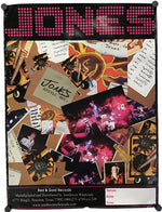 A vertical wall banner or poster featuring the word 'JONES' in pink pixel-style lettering at the top, with a collage of concert photos, handwritten notes, and musical imagery below. The bottom section includes 'Bed & Gold Records' text and venue details.