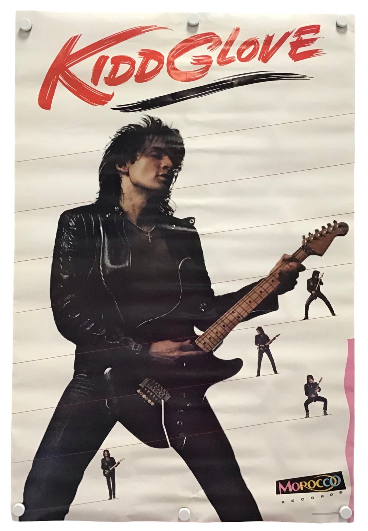 A vertical poster featuring a black-and-white photo of a rock guitarist wearing a black leather jacket and playing an electric guitar, with the red stylized text 'Kidd Glove' across the top. Small repeated silhouettes of guitarists appear along the right side, and a small 'Morocco' label is at the bottom right.