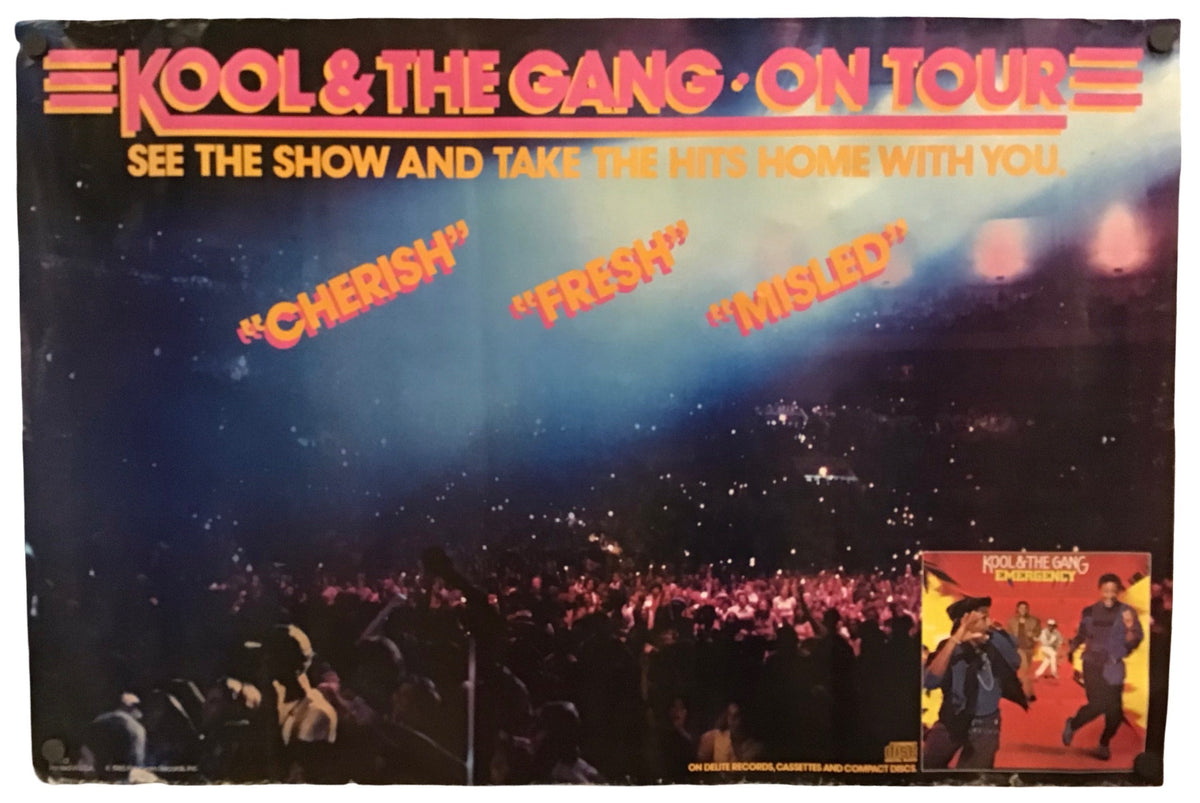 A vintage concert poster for Kool & The Gang's 'On Tour' tour, featuring a crowd scene under stage lights with the band's name in red at the top and song titles 'Cherish', 'Fresh', and 'Misled' in orange.