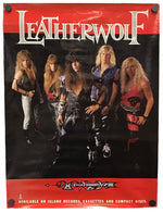 A vintage-style Leatherwolf band poster or print featuring five members against a black background with bold red borders at the top and bottom. The word 'LEATHERWOLF' appears prominently in white lettering, and smaller text at the bottom references Island Records, cassettes, and compact discs.