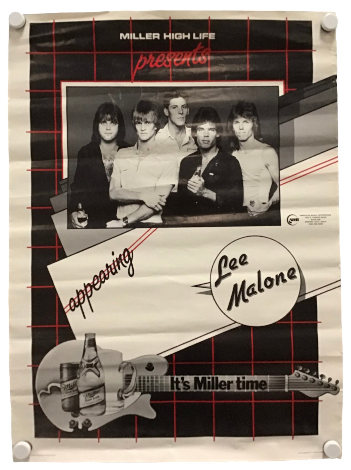 A vintage-style poster or print featuring a black-and-white band photo, red grid lines, and text reading 'Miller High Life presents Lee Malone' with a guitar illustration. The poster is photographed hanging against a light wall with visible wall studs.