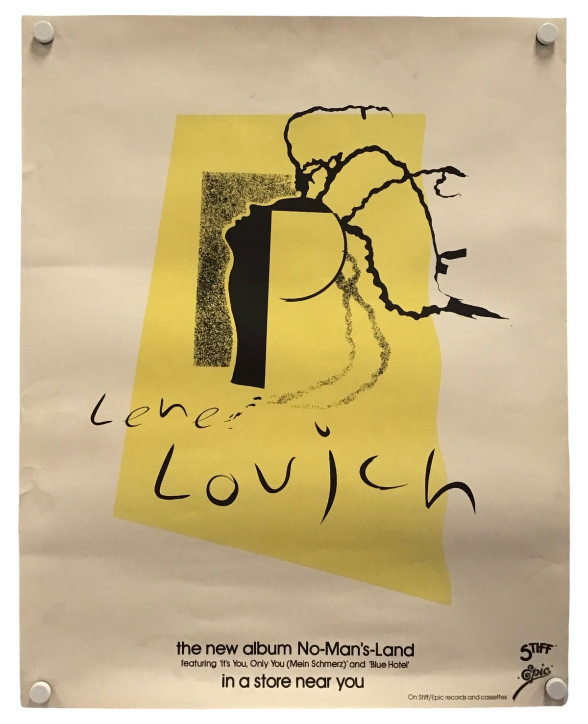 A vintage-style poster or album cover print pinned against a white background. The design has a beige paper look with a large yellow abstract shape, black scribbled text reading 'Lena Lovitch,' and smaller black text at the bottom including 'the new album No-Man's-Land.