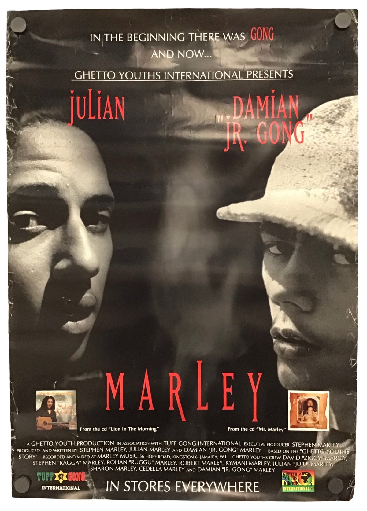 A vintage-style poster or print featuring black-and-white portraits of two men, with red text reading 'GONG', 'MARLEY', and names 'Julian' and 'Damian Jr. Gong'.