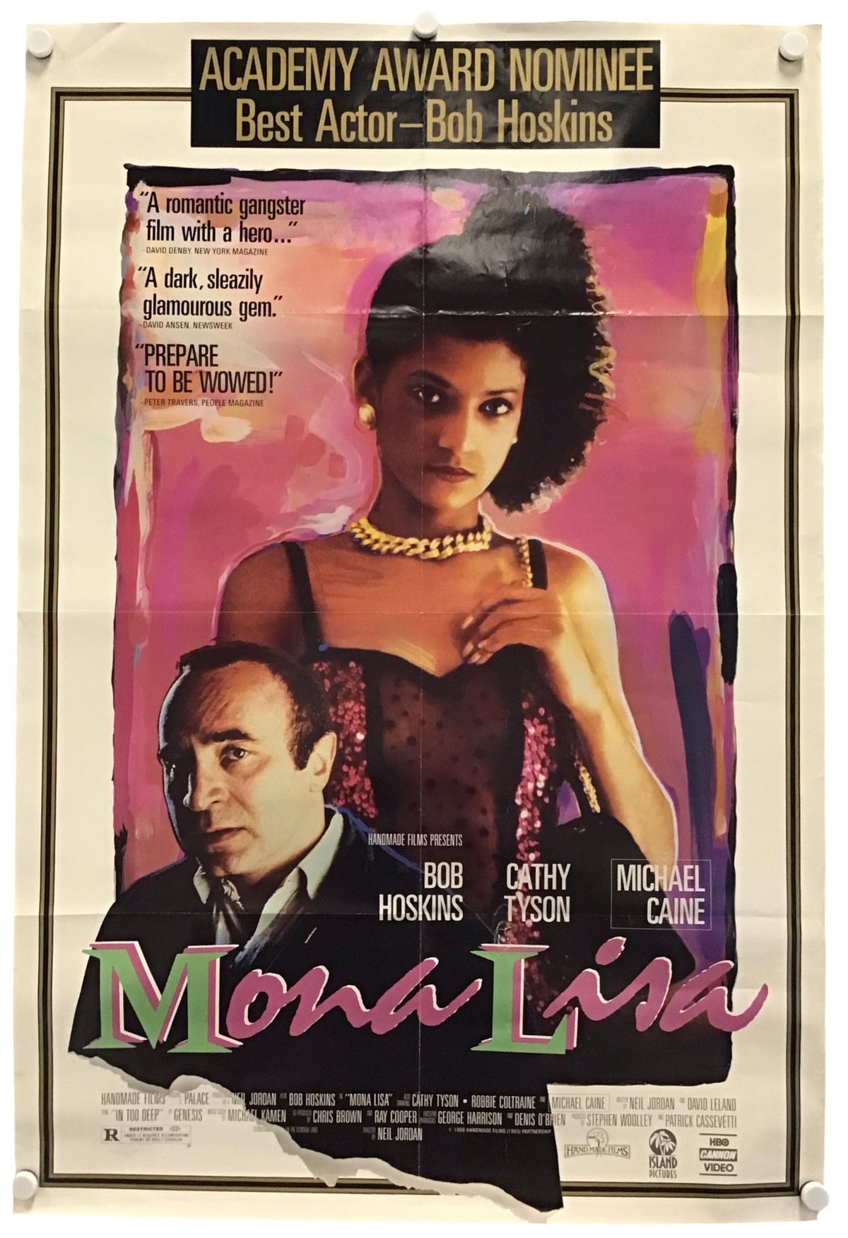 A vintage movie poster for the film 'Mona Lisa' featuring Bob Hoskins and Cathy Tyson, displayed against a light background with visible corner fasteners.
