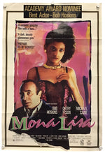 A vintage movie poster for the film 'Mona Lisa' featuring Bob Hoskins and Cathy Tyson, displayed against a light background with visible corner fasteners.