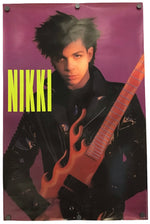 A vintage Nikki Lee poster featuring a portrait of the musician holding a flame-shaped electric guitar against a purple background, with the name 'NIKKI' in large yellow block letters on the left.